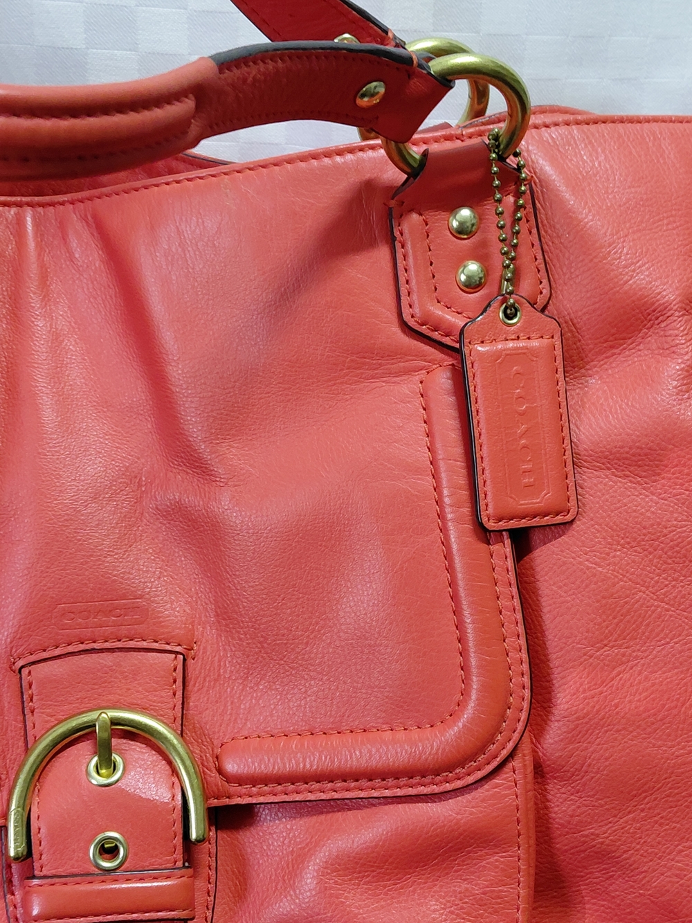 Coach Coral Leather Shoulder Tote with Front Buckle Color Salmon. - Picture 2 of 9